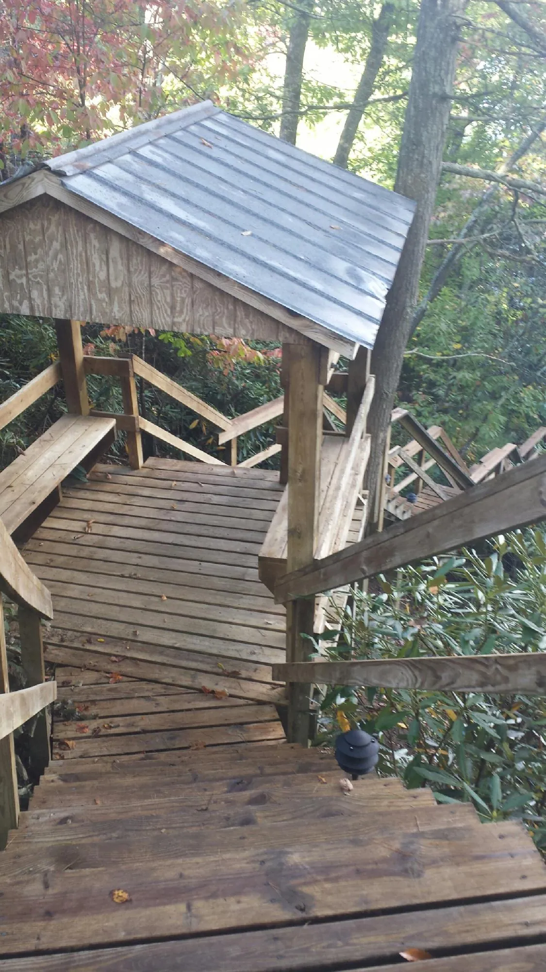 Metal roofed shelter over wooden steps on a wooded walkway — Skylight Repair & Installation work by our crew in Conley